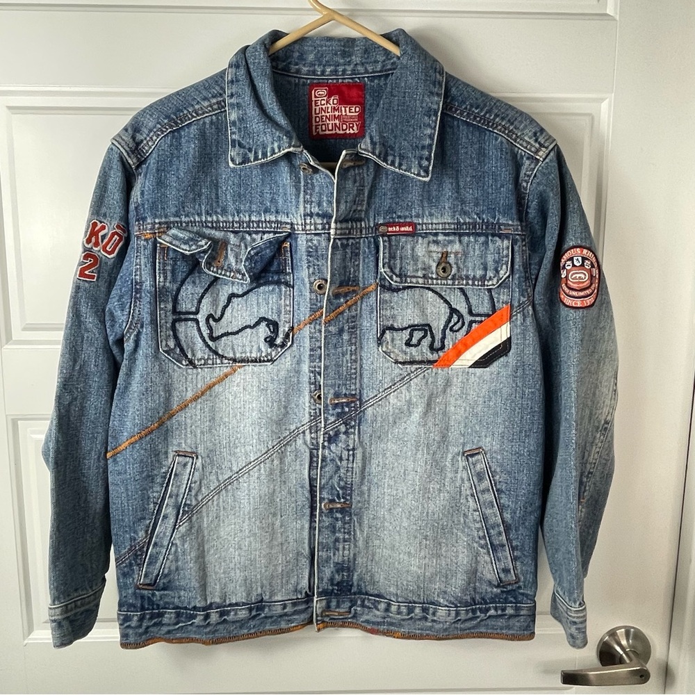 Vtg Y2K Ecko Unlimited Blue Denim Bomber Jacket Wm’s Size Large Embroidered